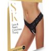 Secret Kisses Lace and Pearls Crotchless Thong - Black - M/LG