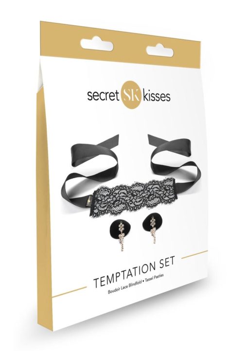 Secret Kisses Temptation Set Boudoir Lace Blindfold and Tassel Pasties - Black