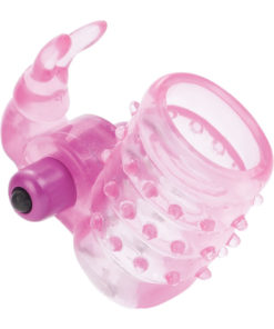 Basic Essentials Stretchy Vibrating Bunny Enhancer Cock Ring With Clitoral Stimulation - Pink