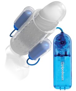 Classix Dual Vibrating Textured Penis Sleeve With Remote Control - Blue And Clear