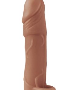 Natural Realskin Vibrating Penis Extender With Scrotum Ring - Chocolate