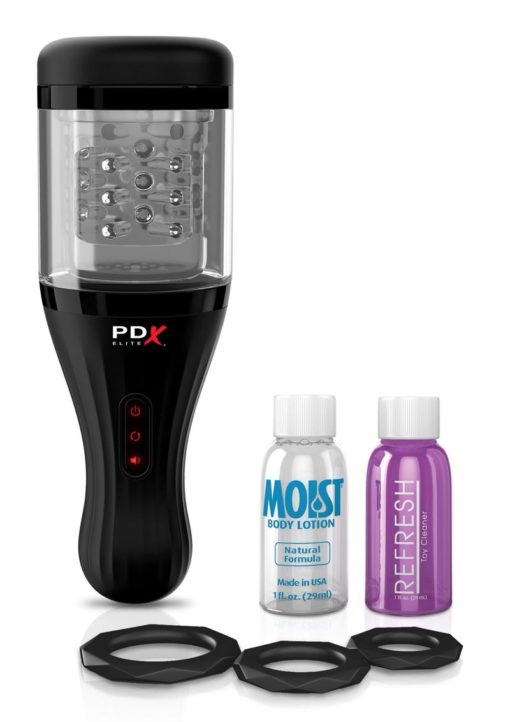 Pipedream Extreme Elite Rechargeable Talk Dirty Rotobator Masturbator - Pussy - Clear/Black