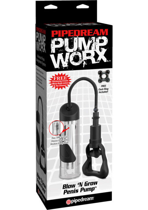 Pump Worx Blow `N Grow Penis Pump With Suction Sleeve - Clear And Black