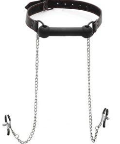 Strict Black Silicone Bit Gag with Nipple Clamps - Black
