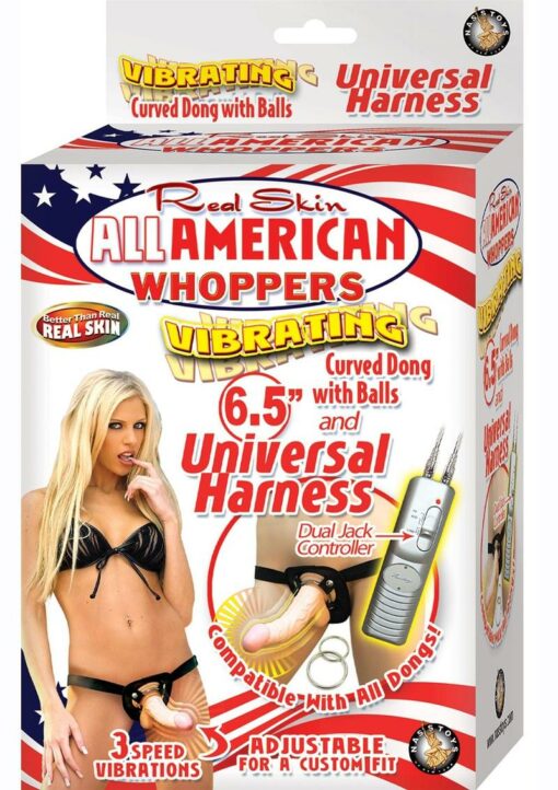 Real Skin All American Whoppers Vibrating Dildo with Universal Harness 6.5in - Black/Vanilla