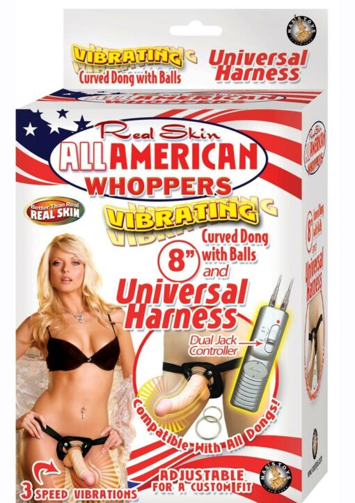 Real Skin All American Whoppers Vibrating Dildo with Universal Harness 8in - Black/Vanilla