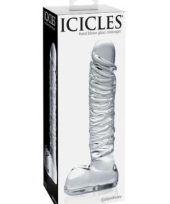 Icicles No. 63 Textured Glass Dildo with Balls 8.5in - Clear