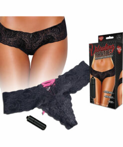Hustler Toys Vibrating Panties Panty Vibe Lace Up Back Thong with Hidden Vibe Pocket - Black - Medium/Large