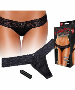 Hustler Toys Vibrating Panties Panty Vibe Lace Thong with Hidden Vibe Pocket - Black - Medium/Large