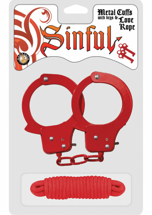 Sinful Metal Cuffs with Keys and Love Rope - Red