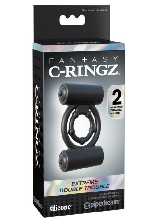 Fantasy C-Ringz Silicone Extreme Double Trouble Cock Ring with Bullets - Black