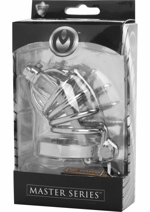Master Series Stainless Steel Chastity Cage with Silicone Urethral Plug