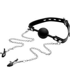 Strict Silicone Ball Gag with Nipple Clamps - Black