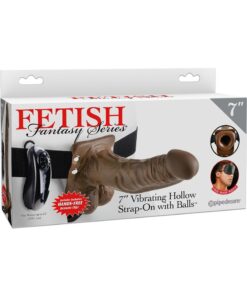 Fetish Fantasy Series Vibrating Hollow Strap-On Dildo with Balls and Harness with Remote Control 7in - Chocolate