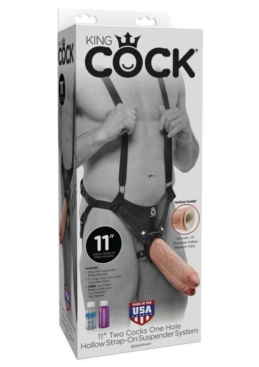 King Cock Two Dildos One Hole Hollow Strap on Suspender System 11in - Vanilla/Black