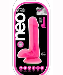 Neo Elite Silicone Dual Density Dildo with Balls 6in - Neon Pink