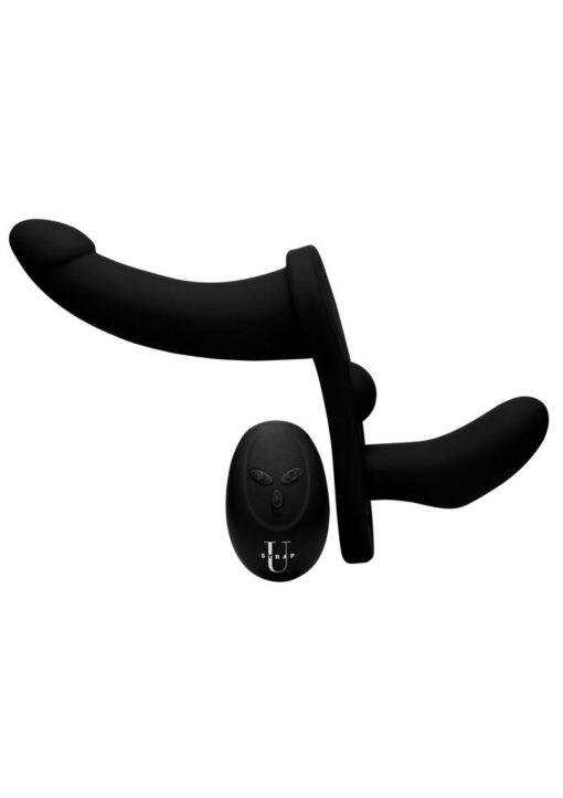 Strap U Double Take Double Penetration Rechargeable Silicone Vibrating Strap-on Harness - Black