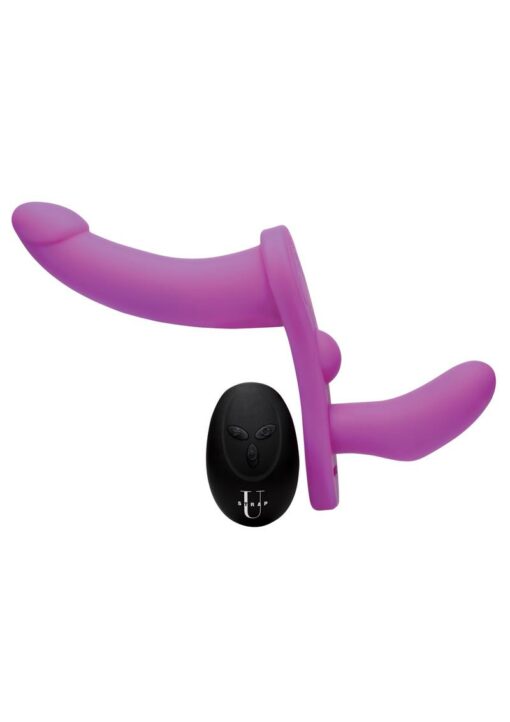 Strap U Double Take Double Penetration Rechargeable Silicone Vibrating Strap-on Harness - Purple