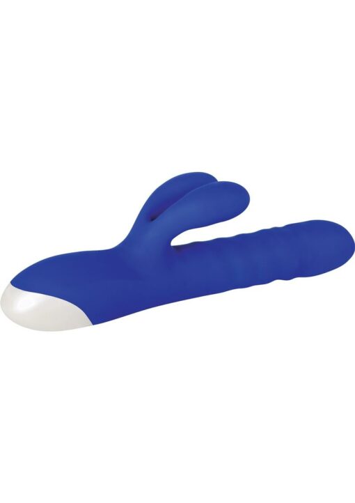 Grand Slam Thrusting and Twirling Rechargeable Silicone Vibrator with Clitoral Stimulator - Blue