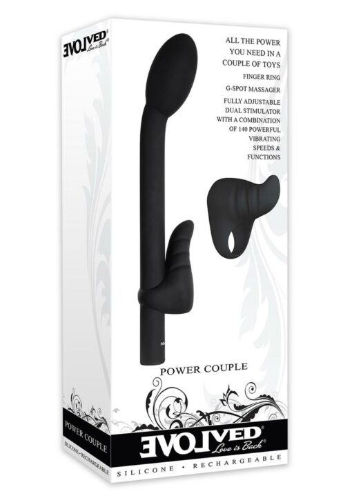Power Couple Rechargeable Silicone G-Spot Vibrator with Clitoral Stimulator and Finger Ring - Black