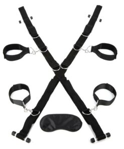Lux Fetish Over The Door Cross with 4 Universal Soft Restraint Cuffs - Black