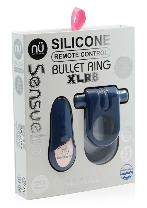 Nu Sensuelle Silicone Bullet Ring XLR8 Rechargeable Vibrating Cock Ring with Remote Control - Navy Blue