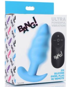 Bang! 21x Vibrating Silicone Rechargeable Swirl Butt Plug with Remote Control - Blue