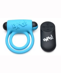 Bang! Silicone Rechargeable Cock Ring and Bullet with Remote Control - Blue