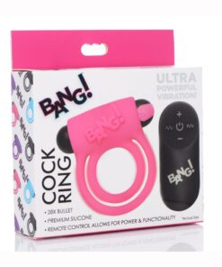 Bang! Silicone Rechargeable Cock Ring and Bullet with Remote Control - Pink