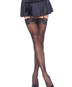 Leg Avenue Sheer Nylon Thigh High with Lace Top - O/S - Black