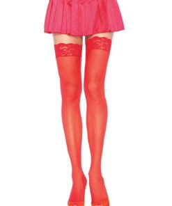 Leg Avenue Sheer Nylon Thigh High with Lace Top - O/S - Red