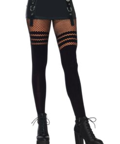 Leg Avenue Opaque Thigh High Pantyhose with Stripes - O/S - Black