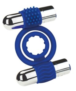 ZOLO Rechargeable Duo Vibrating Silicone Cock Ring - Navy/Silver
