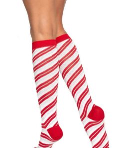 Leg Avenue Candy Cane Lurex Knee High Socks - O/S - Red/White