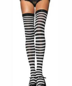 Leg Avenue Plus Size Nylon Stocking with Stripe - 1X-2X - Black/White