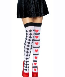 Leg Avenue Harlequin and Heart Thigh High - O/S - White/Red/Black