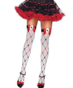 Leg Avenue Woven Diamond Card Suit Thigh High with Bow and Card Charm - O/S - White/Red/Black
