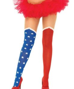 Leg Avenue Hero Opaque Tights with Sheer Thigh - O/S - Blue/Red
