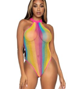 Leg Avenue Rainbow Striped Net Halter Bodysuit with Snap Crotch - Multicolor