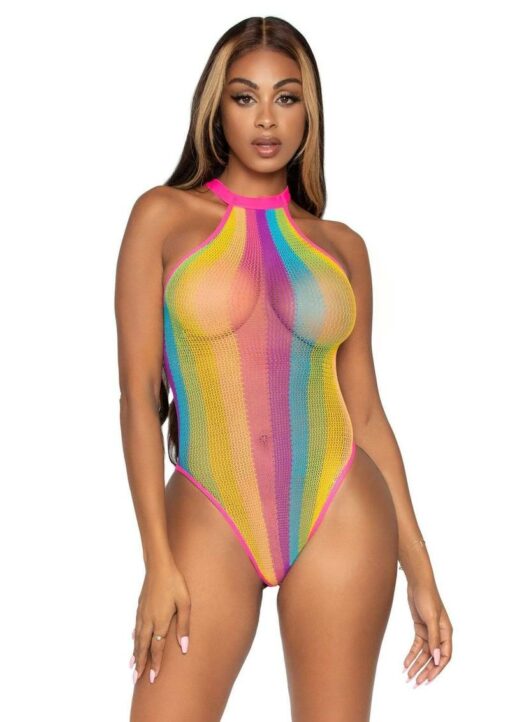 Leg Avenue Rainbow Striped Net Halter Bodysuit with Snap Crotch - Multicolor