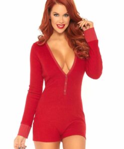 Leg Avenue Brushed Rib Romper Long Johns with Cheeky Snap Closure Back Flap - XLarge - Red