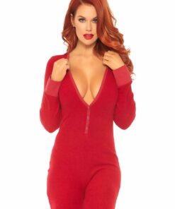 Leg Avenue Cozy Brushed Rib Long Johns with Cheeky Snap Closure Back Flap - XLarge - Red