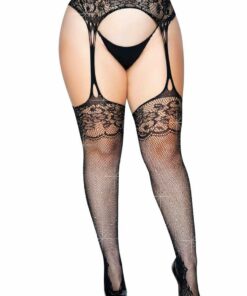 Leg Avenue Rhinestone Lace Top Fishnet Stockings with Lace Foot and Attached Garter Belt - 1X - 2X - Black