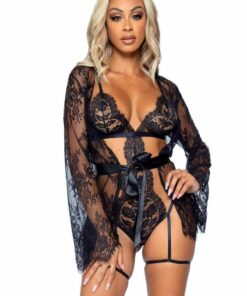 Lace Robe and Ribbon Tie (3 pieces) - Small - Black