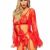 Lace Robe and Ribbon Tie (3 pieces) - Medium - Red