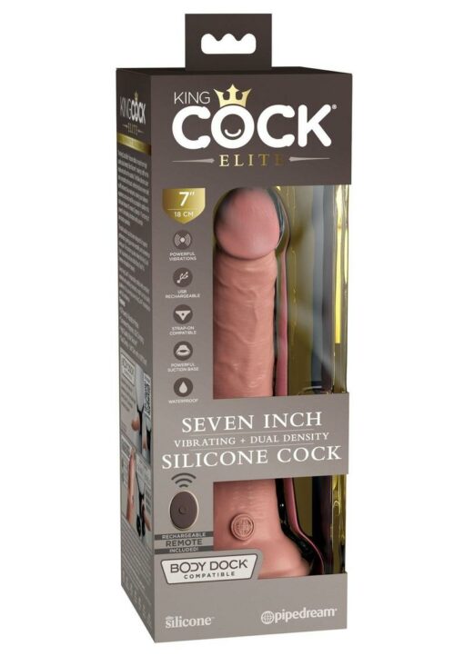 King Cock Elite Dual Density Vibrating Rechargeable Silicone with Remote Control Dildo 7in - Vanilla