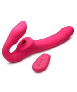 Strap U Licking Vibrating Rechargeable Silicone Strapless Strap-On with Remote Control - Pink