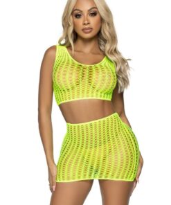 Leg Avenue Crochet Net Tank Crop Top and Mini Skirt (2 pieces) - O/S - Neon Yellow