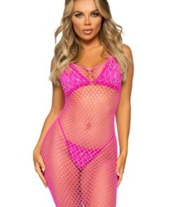 Leg Avenue Woven Twist Net Backless Maxi Dress - O/S - Neon Pink