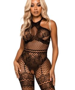 Leg Avenue Seamless Industrial Net Halter Bodystocking with Faux Lace Lingerie Detail - O/S - Black